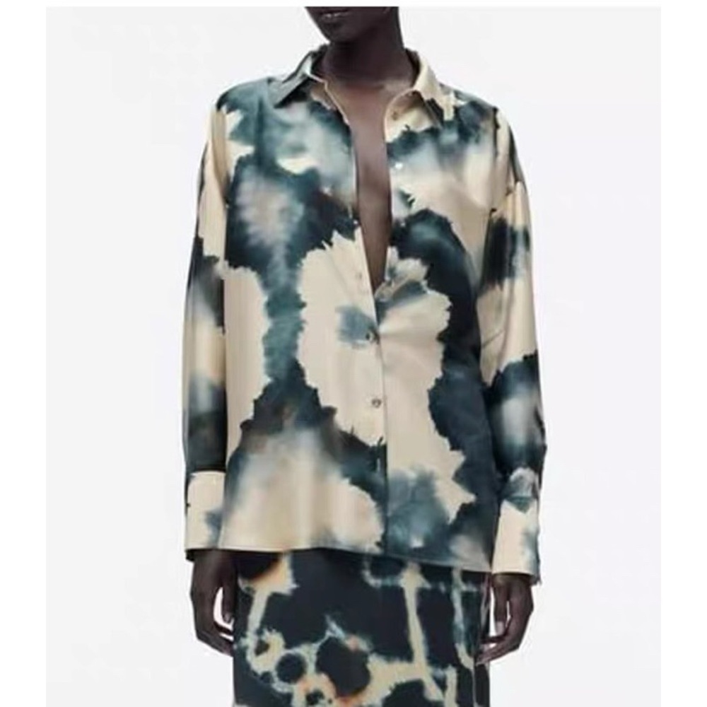 Zara NEW Women’s Silk Button Down Shirt-Watercolor Design